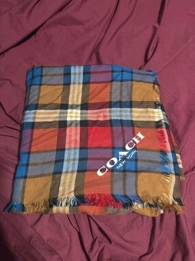 COACH Plaid Logo Scarf in Mustard, Blue & Red